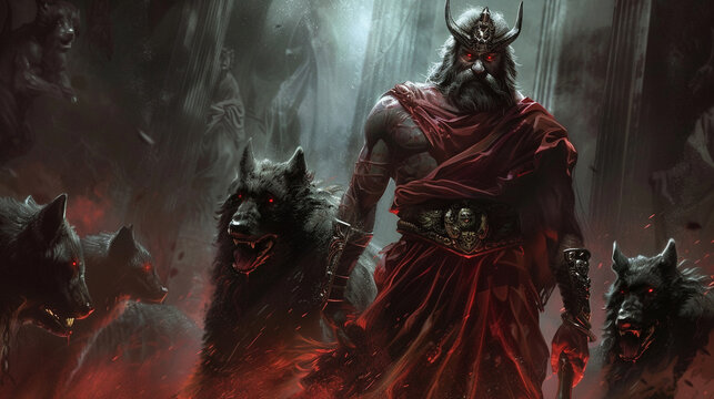 Hades in his underworld kingdom Cerberus by his side presiding over spirits with a just but firm hand
