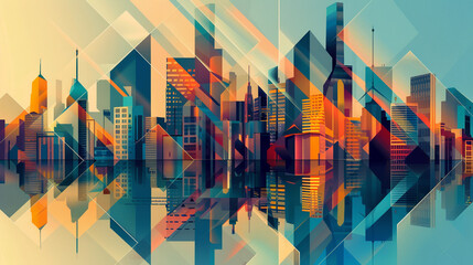 Geometric patterns dominating the skyline of a future city with buildings that challenge traditional forms - obrazy, fototapety, plakaty