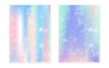 Kawaii background with rainbow princess gradient. Magic unicorn hologram. Holographic fairy set. Creative fantasy cover. Kawaii background with sparkles and stars for cute girl party invitation.