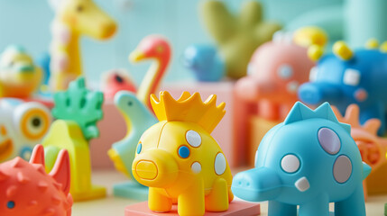 Fototapeta premium Bright and playful dinosaur toys arranged in a cheerful display, perfect for children's education and entertainment