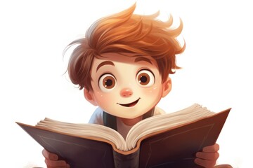 portrait of cute boy reading book on white background cartoon
