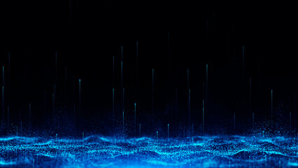 Abstract blue elegant particle waving and lines raining background