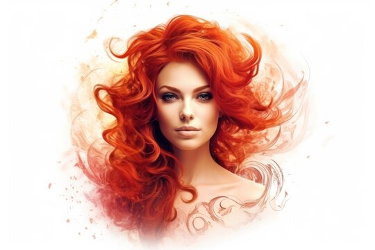 red-haired woman according to the horoscope with symbol of leo and hair in shape of fire