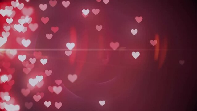 Animation of white and pink hearts moving over red light and firework on dark background