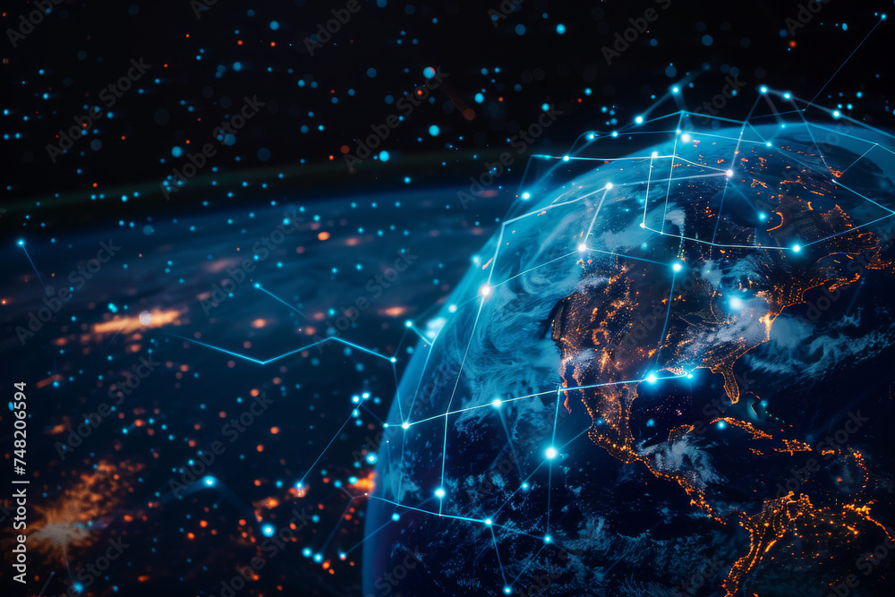 Poster a computer generated image of the earth with a network of connections