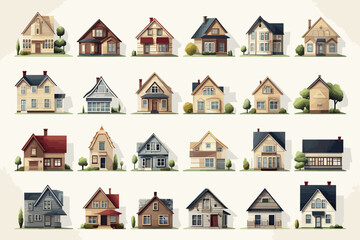 Vibrant and eye-catching house front icon collection, offering a variety of cottage designs and residential houses suitable for different uses. - obrazy, fototapety, plakaty