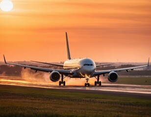 Airplane is taking off from runway at sunset