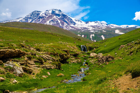 Pristine Sabalan Mountain Landscape with Cascading Waterfall, Ardabil Province, Iran