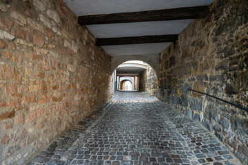 Restored and covered footpath along a medieval town wall