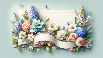 Serene Springtime Floral Banner With Variety of Blooming Flowers and Pastel Background. tranquil array of spring flowers and banner creates seasonal atmosphere. - 748206745