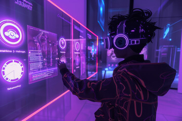 A person wearing headphones and a virtual reality headset looks at a screen that says referencemonkey