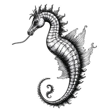 Seahorse Monochrome ink sketch vector drawing, engraving style vector illustration