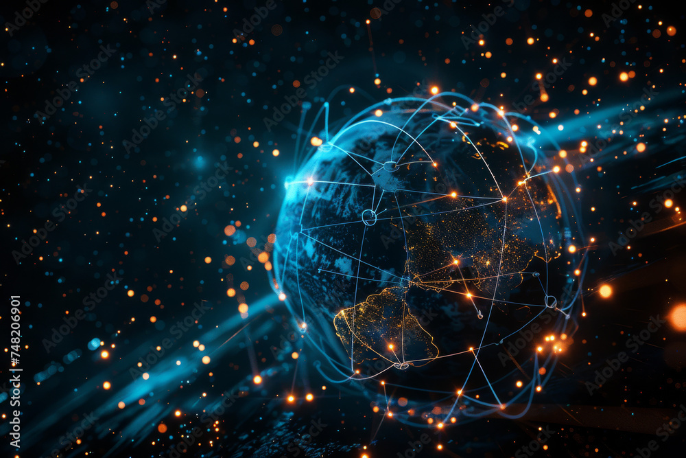 Poster A computer generated image of a globe surrounded by lines and dots