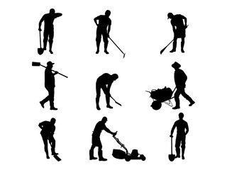Set of Yard Work Silhouette in various poses isolated on white background