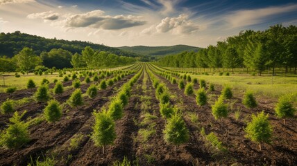landscape with rows of newly planted trees, showcasing the transformation of an area through reforestation on Arbor Day - obrazy, fototapety, plakaty