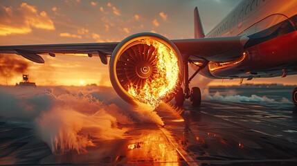 Plane on fire on the runway. - obrazy, fototapety, plakaty