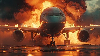 Plane on fire on the runway.