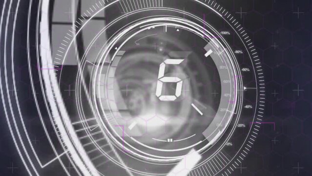 Animation of circular scanners with digital number countdown on black
