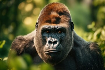 Gorilla face portrait. Big monkey endangered species