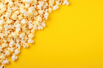 Popcorn yellow background. Dropped popcorn on the empty table top, closeup view. Horizontal cinema banner