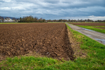 Fallow field with dirt road and straight field Rain