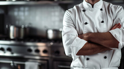 Professional Male Chef in White Coat with Crossed Arms in Restaurant Kitchen