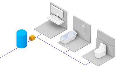 Workings of a home water supply systemWater delivery by systemic water pumping  ,3d rendering