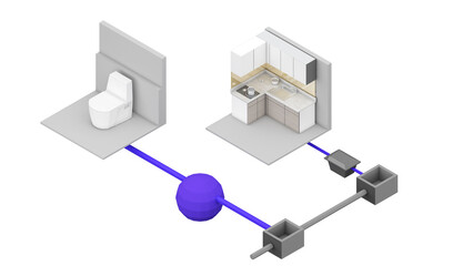Home sanitation system work , Sewerage system work and septic tanks in bathrooms and kitchens ,3d rendering