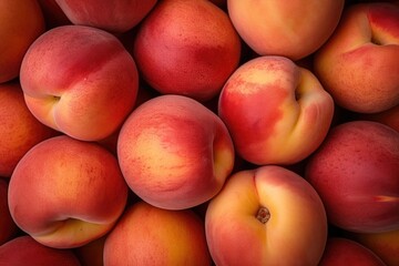 Fototapeta na wymiar Peaches background, top view. Ripe peach close-up view