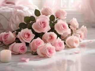 pink roses on a white marble floor