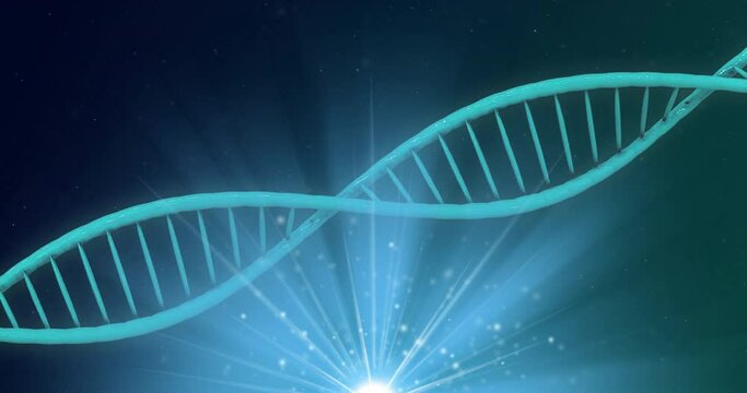 Animation of dna strand and glowing lights on blue background