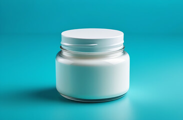 A jar of yogurt with a white lid on a blue background