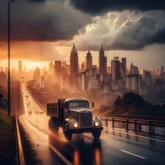 The photo shows a classic truck driving along the high road,in the middle of the rain at sunset. - obrazy, fototapety, plakaty