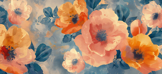 Seamless impressionist style floral pattern painted in muted colors on abstract background. Stylish and modern banner.