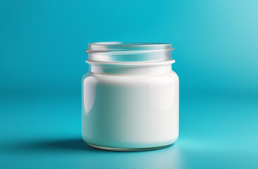 a jar of yogurt is sitting on a blue table
