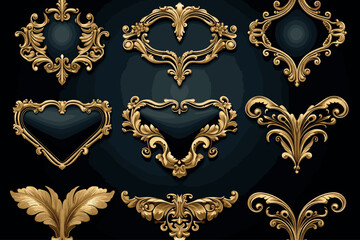 Black ornament with gold patina on a black background. Isolated. 3D illustration
