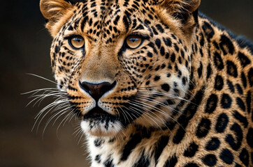 Detailed close-up capturing fierce gaze of perfect leopard. Close-up of majestic leopard with intense gaze in wilderness, exotic big cat predator. Animal wildlife concept. Copy ad text space. Gen Ai