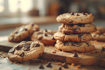Food shot of chocolate chip cookies in studio, highlighting their golden-brown edges and gooey chocolate chips, bakery showcases, dessert menus, food photography, Generative AI - obrazy, fototapety, plakaty