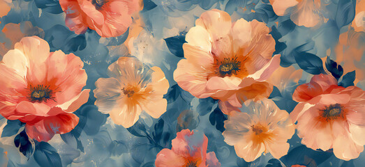 Seamless impressionist style floral pattern painted in muted colors on abstract background. Stylish and modern banner.