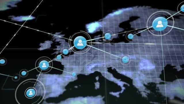 Animation of network of connections with icons over map of europe