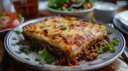 A mouthwatering close-up of Moussaka, showcasing layers of tender eggplant, flavorful ground meat, and creamy béchamel sauce, all baked to perfection, Greek restaurant, Mediterranean, Generative AI