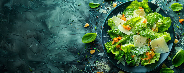 Classic Caesar salad with crisp romaine lettuce and parmesan shavings. Top down view on a dark...