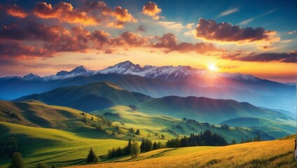 Naklejka na ściany i meble Majestic sunset in the mountains landscape. Carpathian, Ukraine, Europe. Beauty world.