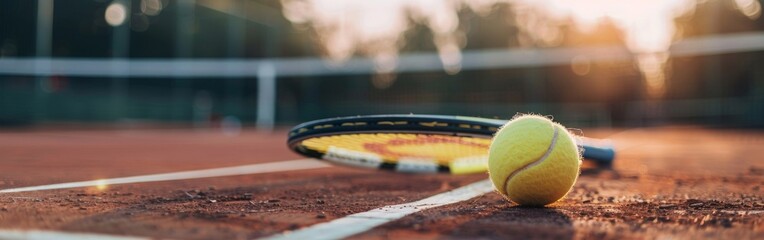 Tennis ball rolling on tennis court with one tennis racket on top of it, - obrazy, fototapety, plakaty