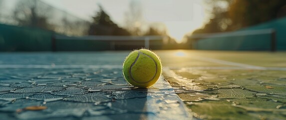 Tennis ball rolling on tennis court with one tennis racket on top of it