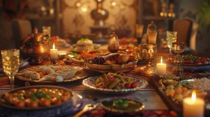 Fototapeta na wymiar Celebration of ramadan with a wonderful table full of meals and drinks arabic muslim culture 4k, realistic lighting, unreal engine, 