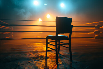 Professional boxing ring illuminated with chair - obrazy, fototapety, plakaty