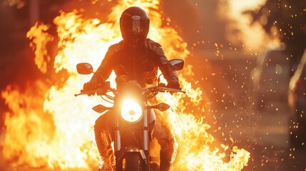 motorcycle rider Fire shows skeletons and strong sunlight - obrazy, fototapety, plakaty