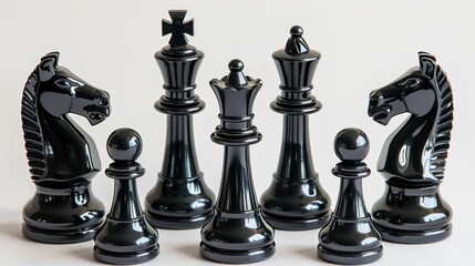 matte black all chess pieces adjacent, white background, clean,3