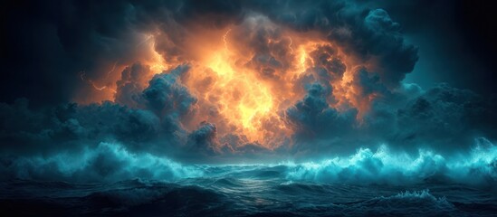 View of a tropical storm with strong and dangerous lightning strikes on a cloudy sky and stormy sea - obrazy, fototapety, plakaty